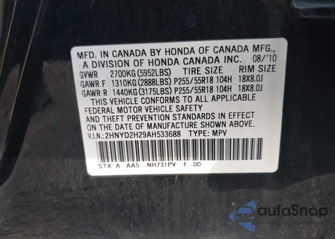 2010 Acura Mdx z USA, uszkodzony, nr VIN 2HNYD2H29AH533688